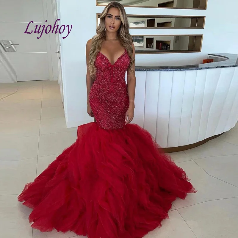 Luksusowe czerwone długie Mermaid suknie wieczorowe Party Plus rozmiar ozdobiony paciorkami damski dziewczyna kolacja Celebrity Prom formalne suknie wieczorowe