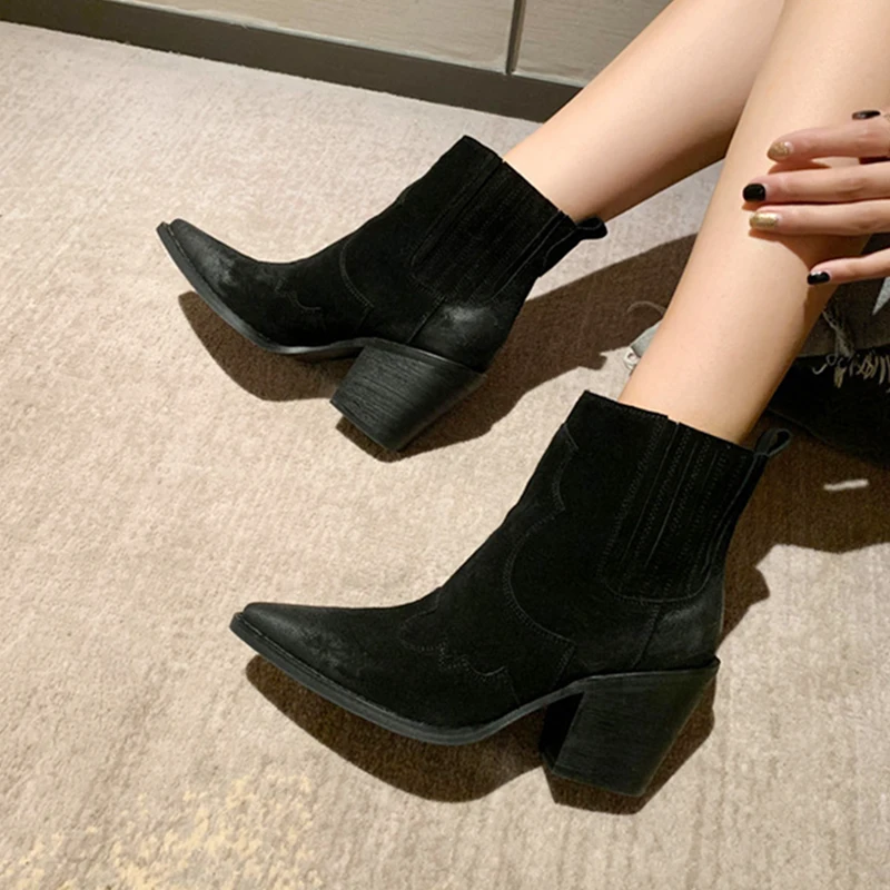 Leather Boots Women Genuine Pointed Toe Mid Heel Ankle Boots Thick Square Heel Slip On Western Boots Cowboy Boots Women 2020 New