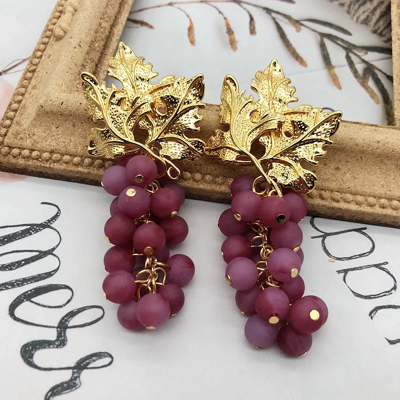 

Grape Pendant Purple Earrings Stud Copper Material Leaves Golden Statement Pendientes