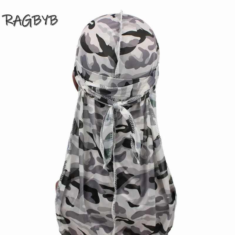 New Camo Print Silk Durag Bandanas for Men Silky Durags Long Tail Wave Cap Head Scarf Women Hat Headwrap Durag