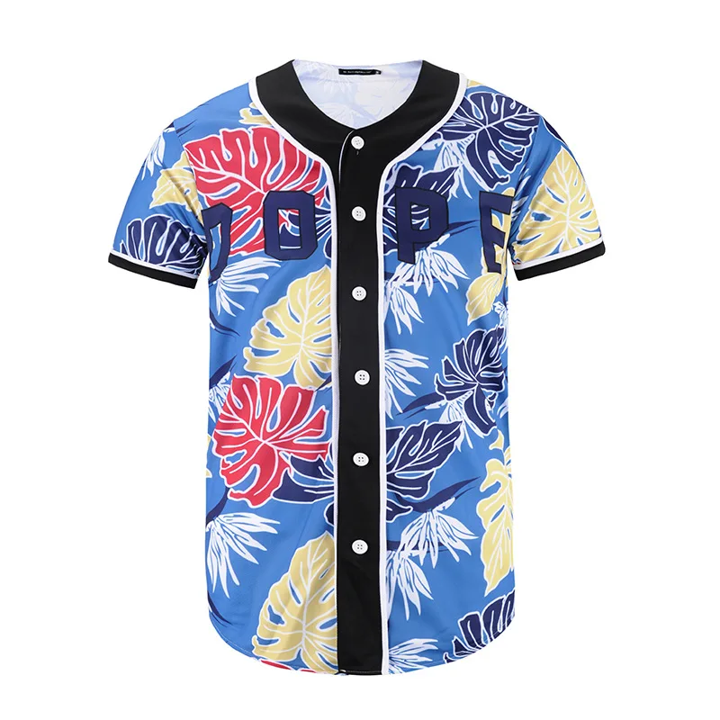 

New summer creative 3D leaf print short sleeve cardigan men's baseball uniform medium length