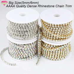 RESEN AAAA Big Size 5mm/6mm Sliver/Gold Dense Crystal AB Rhinestone Cup Chain Trim Brass Strass Glass Crystal Chain For Sewing