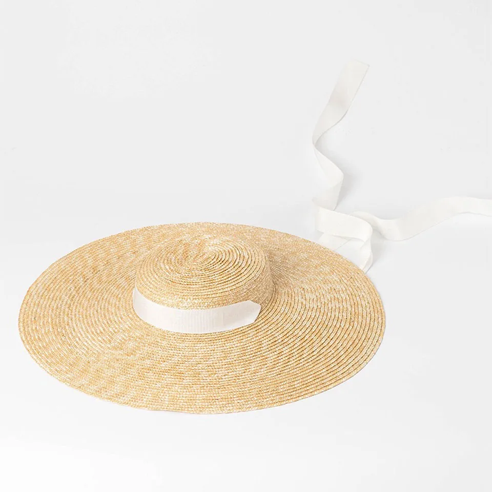 Large Brim Wheat Straw Hat Summer Hats For Women 10cm/15cm/18cm Brim With Black&White Ribbon Beach Cap Boater Flat Top Sun Hat