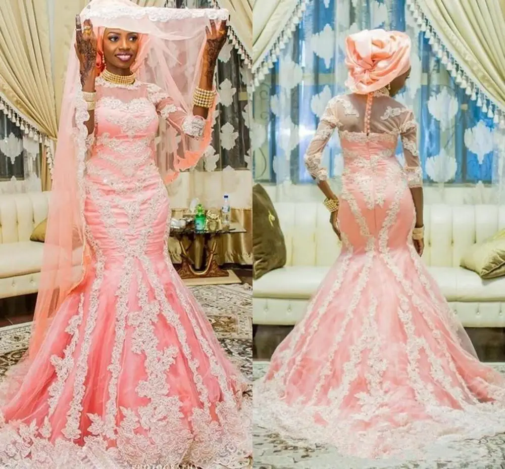 Robe de mariée sirène en dentelle rose, robe de mariée africaine musulmane, avec manches mi-longues, appliquée nigériane, couverte de boutons, 2020