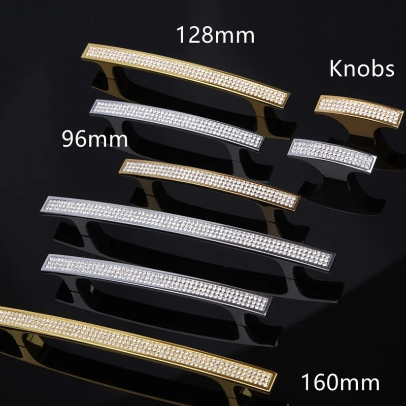 

96 128 160mm Fashion glass diamond furniture decoration handle k9 crystal wine cabinet dresser handle silver gold drawer knob