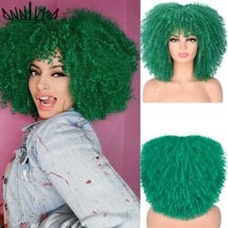 Pelucas Afro rizadas con flequillo para mujeres negras, pelo corto sintético, Rubio, verde, rojo, Cosplay, alta temperatura, 14