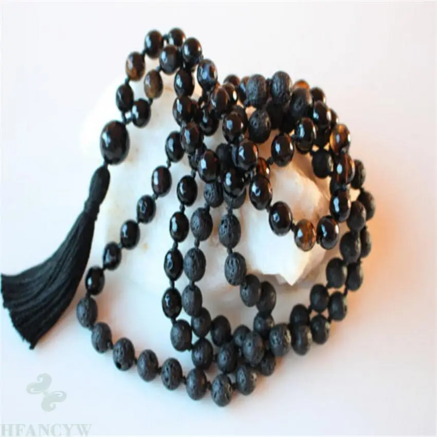 8MM Black Lava Tiger Eye gemstone Tassel Mala Necklace spirituality Lucky Healing energy pray Bless Handmade Unisex natural MONK