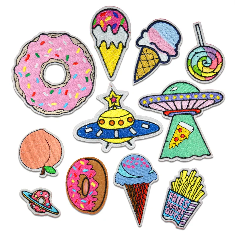 Ice Cream Donuts Fries Embroidered Patches Large Size for Clothes Ironing Sew Appliques for Jackets Bag Shoes Sticker Badges