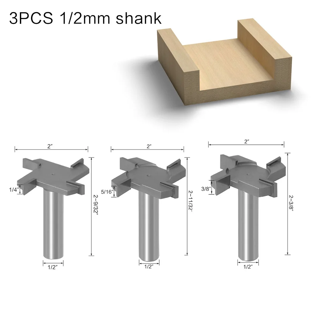High quality 1/3PC 1/2''(12.7mm) 12mm Shank T-Slot & T-Track Slotting Router Bit Carbide CNC End Milling Cutter Wood Router Bit