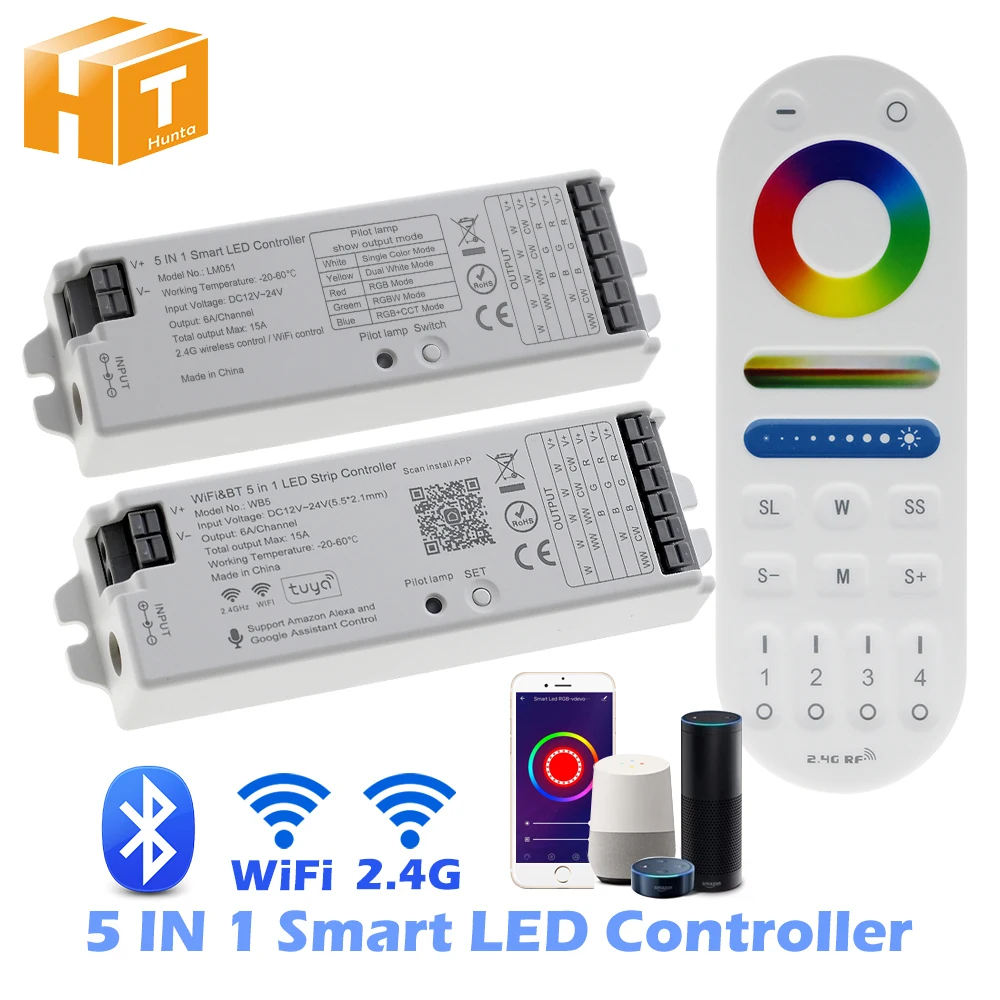 Smart LED Controller WiFi BT 5 IN 1 2.4GHz RF RGB+CCT Remote Controller For Full Color / RGBW / RGB / Dual White LED Strip