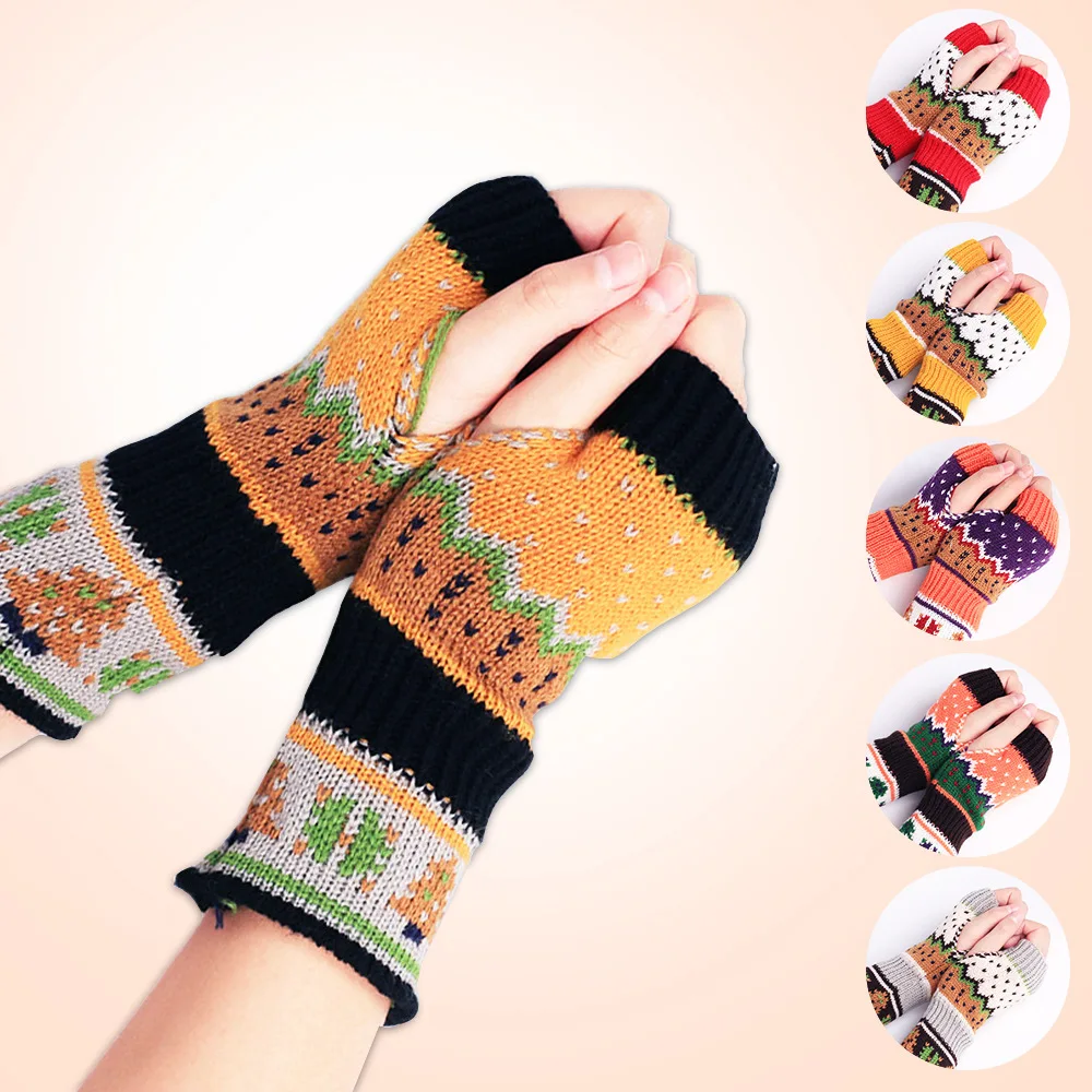 Women Christmas Gloves Knitted Half Finger Christmas Tree Warm Hand Arm Warmer for New Year