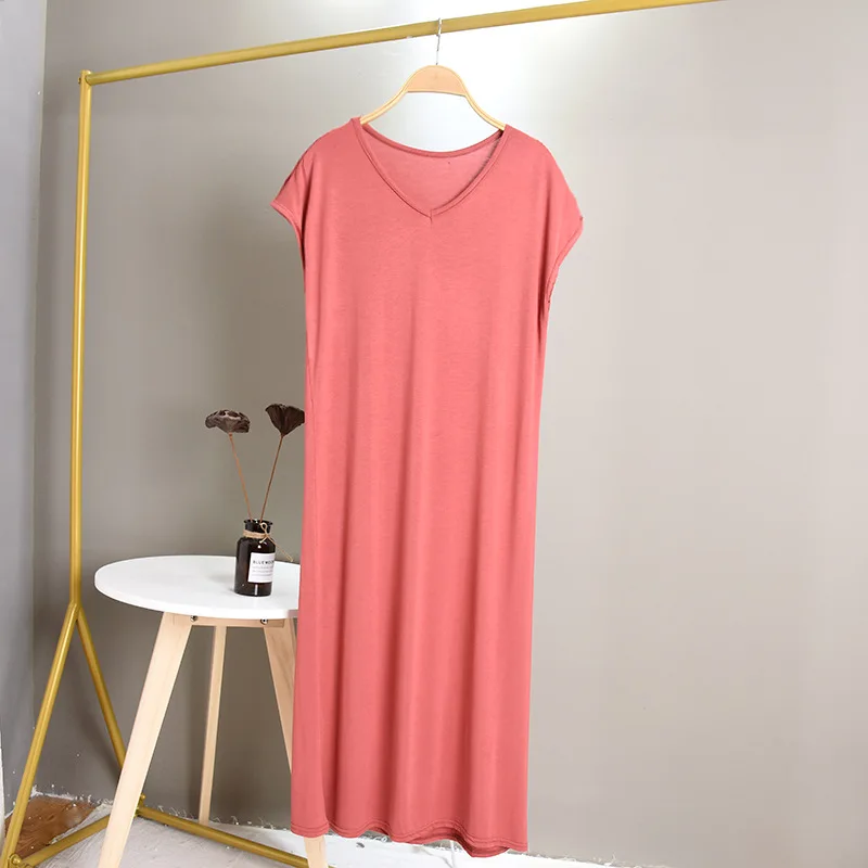 Large Size Modal Base Night Dress Women Sexy V Neck Sleepwear Comfortable Nightgowns Loose Long Nightshirt Vestidos Mujer