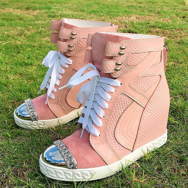 

8cm Height Increasing Platform Sneakers Boots Metallic Toe Leather Designer Shoes Women Luxury 2021 Female Casual Shoes Botas