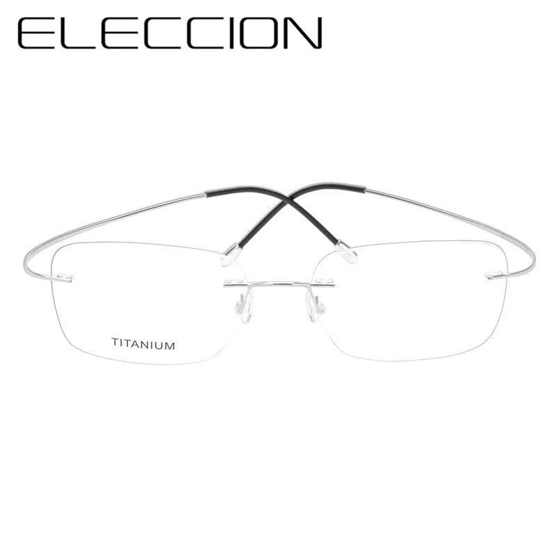 Man\'s Frameless Prescription Glasses with Lenses 100% Pure Titanium Square Frames Super Rlastic Temple Rimless Glasses Men