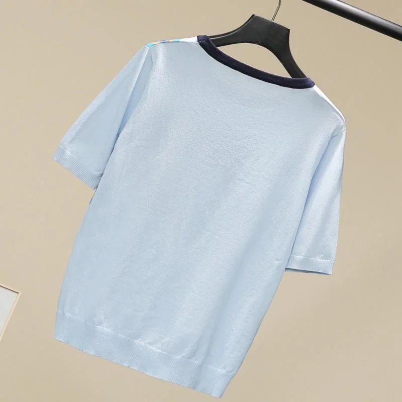 Women Summer Star Jacquard Knitted Tees Tops Casual Short Sleeve T-shirts Pullover O Neck Knitwear Colors Mixed Female T-shirt