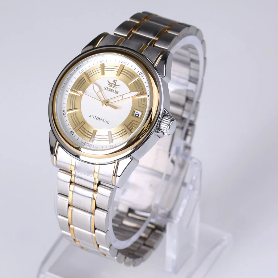 Sewor Watch Luxury Gold Mechanical Watches Men Luminous Hands Stainless Steel Band Auto Date Automatic Mechanical Wristwatches