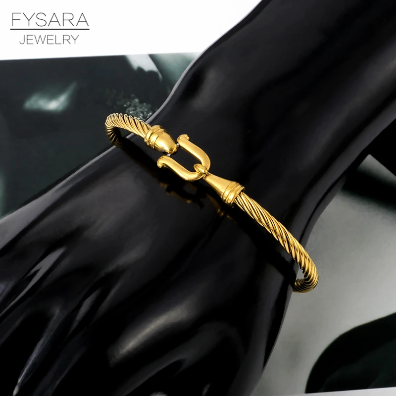 FYSARA Trendy Charm Cuff Bracelets Bangles for Women Gold Color 316L Stainless Steel Wire Thin Bangles Jewelry