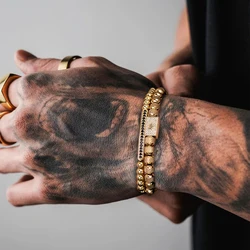 2pcs/set Charm Bracelet Men Stainless Steel Bracelet Beads Gold Color Bracelet For Men Cz Zircon Crown Bracelet