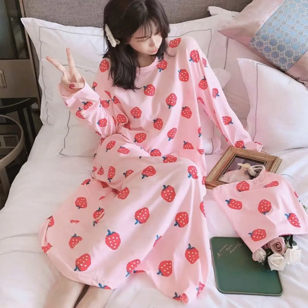 Oversize 5XL Women Nightgown Sleepwear Sweet Pink Strawberry Nightdress Modal Long Sleeve Long Home Dress Spring Autumn Dress