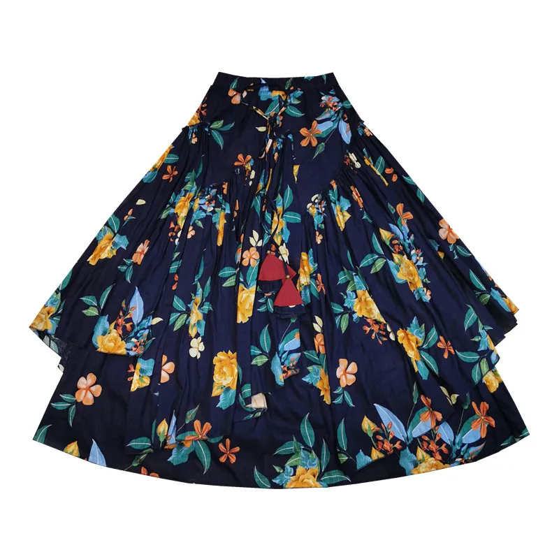 TIYIHAILEY Free Shipping 2021 Fashion Long Maxi A-line Elastic Waist Women Summer Cotton Print Flower Navy Blue Big Hem Skirt