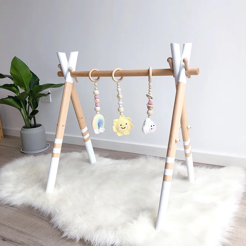 Wooden Baby Gym with 3 Sensory Toys Foldable Play Gym Frame Activity Gym Hanging Bar Girls Boys Room Decorations Newborn Gifts