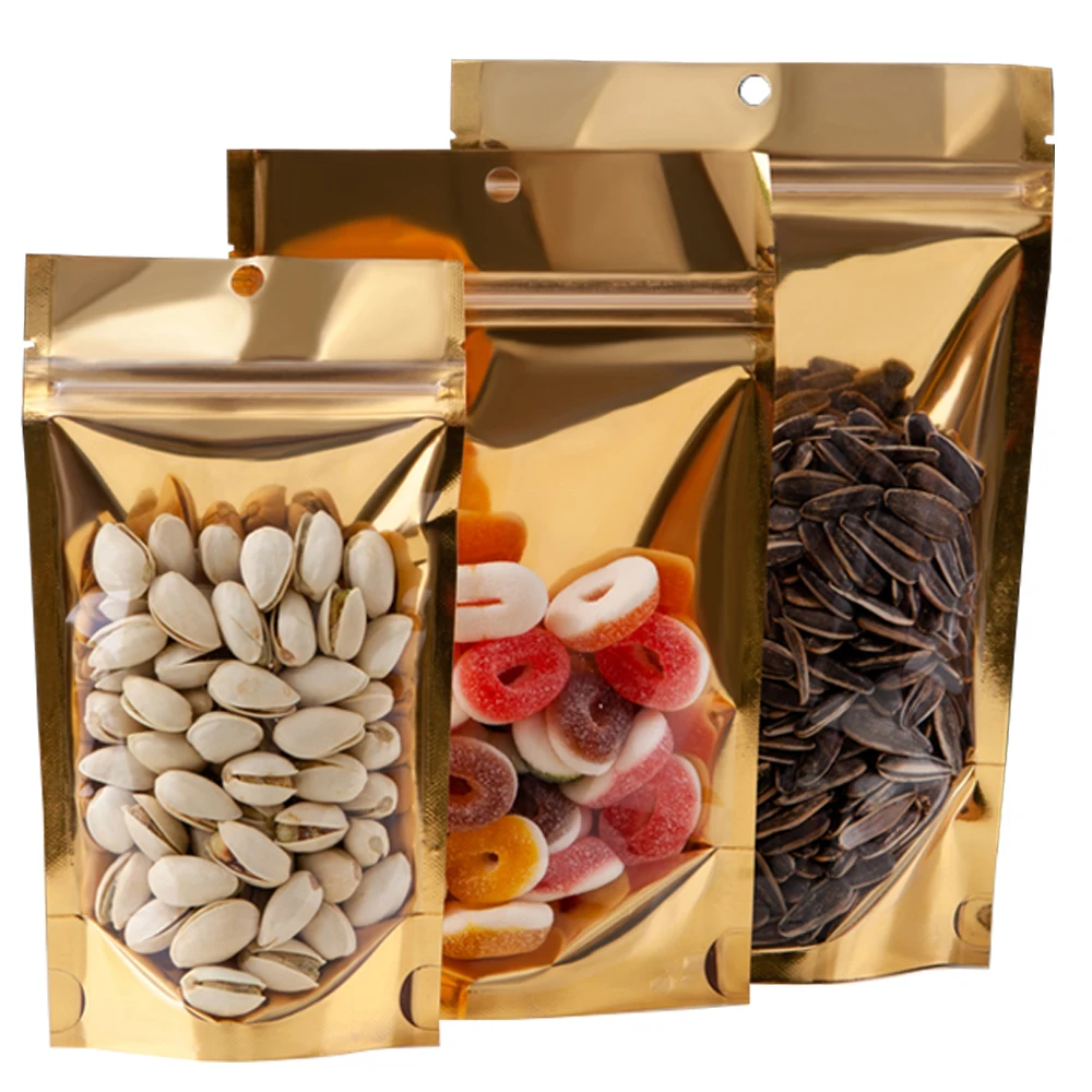 100Pcs Gold Aluminum Foil Clear Bag Zip Lock with Hang Hole Stand Up Tear Notch Reusable Food Nut Candy Packaging Pouches