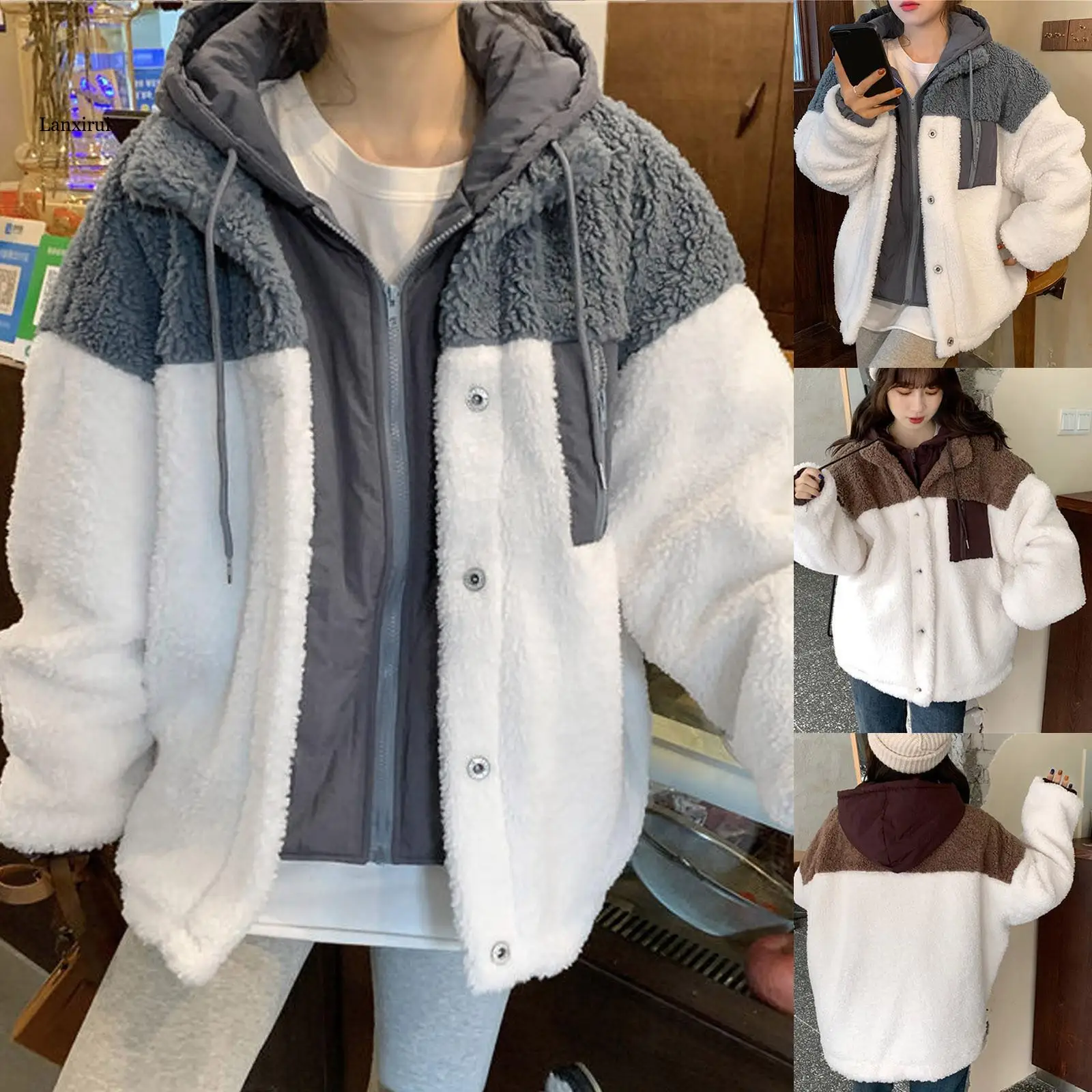 

Womens Fleece Coats Winter Jackets Female Oversized Fashion Casual Fake Two-piece Hooded Jacket Ladies Warm Outwear Coats