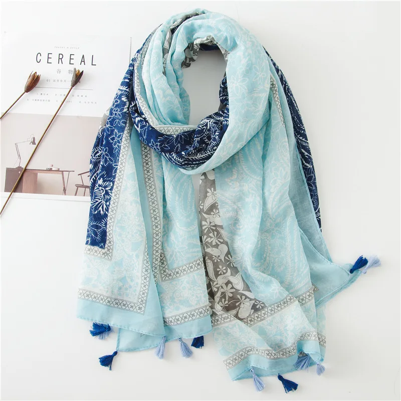 34 Colors Fashion Blue Luxury Floral Tassel Viscose Shawl Scarf Lady Print Soft Wrap Snood Bufandas Mujer Muslim Hijab 180*90cm