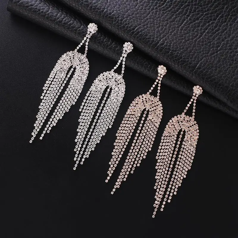 YFJEWE New Exaggerated Luxury Full Shiny Rhinestone Earrings Geometric Metal  Long Tassel Women bijoux Accessories E687