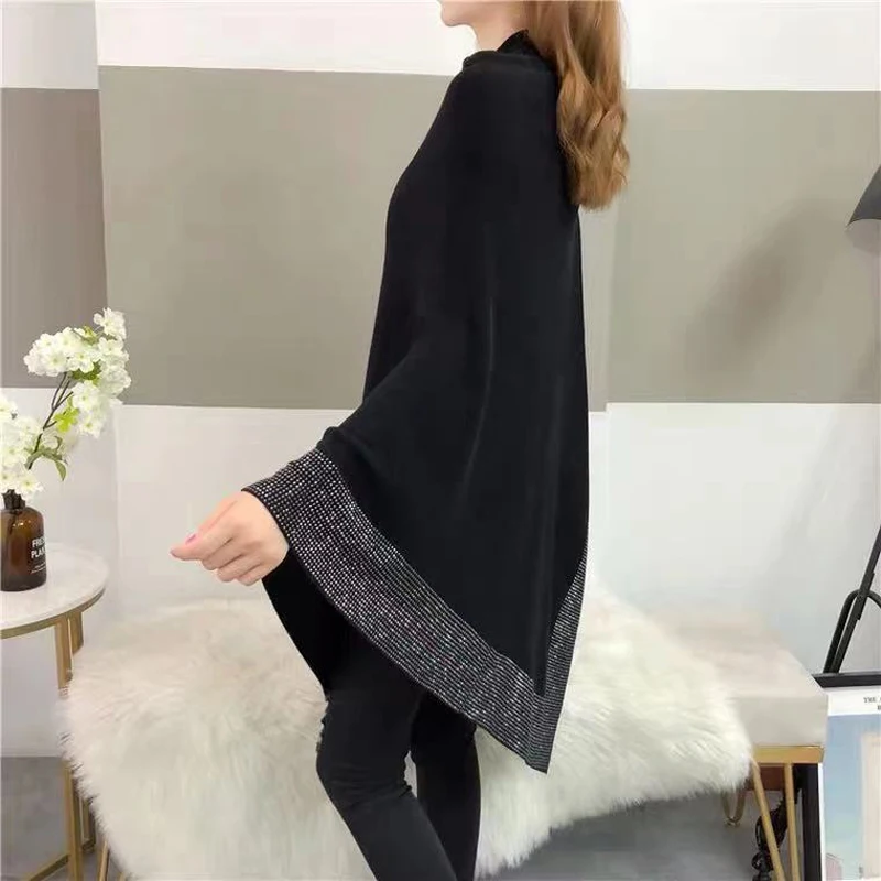 2023 Frühling neue Diamant Luxus Wolle Strick Umhang Fledermaus Cape Pullover Mode warm o Hals lose Umhang Poncho Pullover Schal Mantel