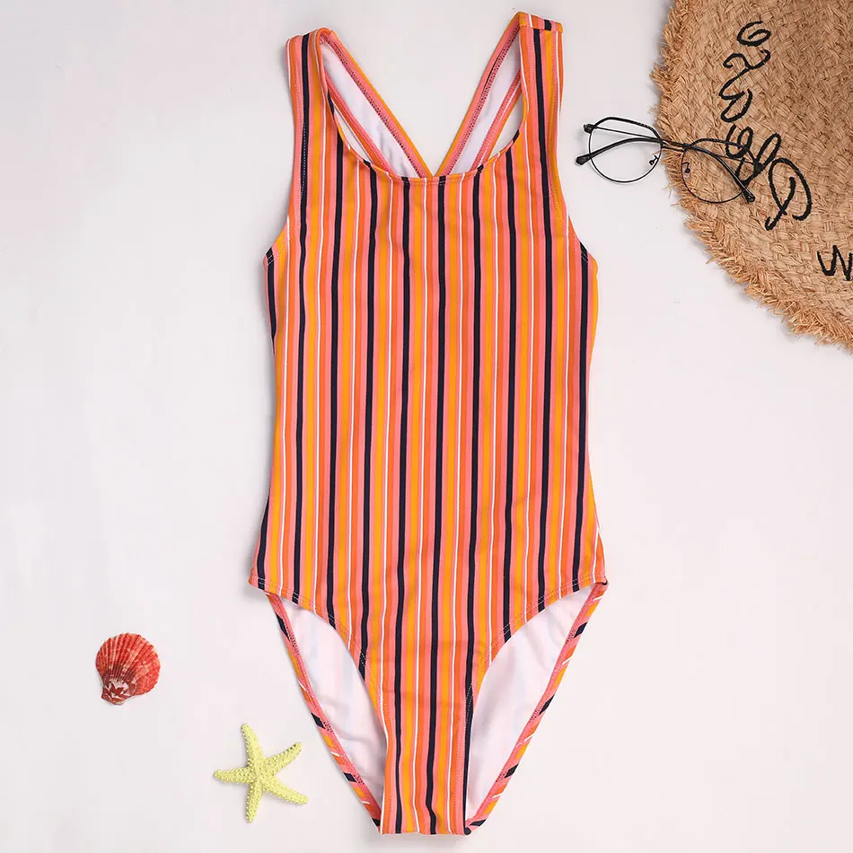 Floral Girls One Piece Swimsuit Kids 7-16 Years Retro Vintage Children\'s Swimwear Striped Girls Bathing Suit Monokini Cross Back