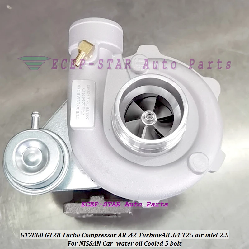 GT2860 Turbo GT28 GT28-5 Comp AR 0.42 Turbine A/R 0.64 5-bolt T25 flange Journal Internal Wastegate 180-320HP Water Cooled