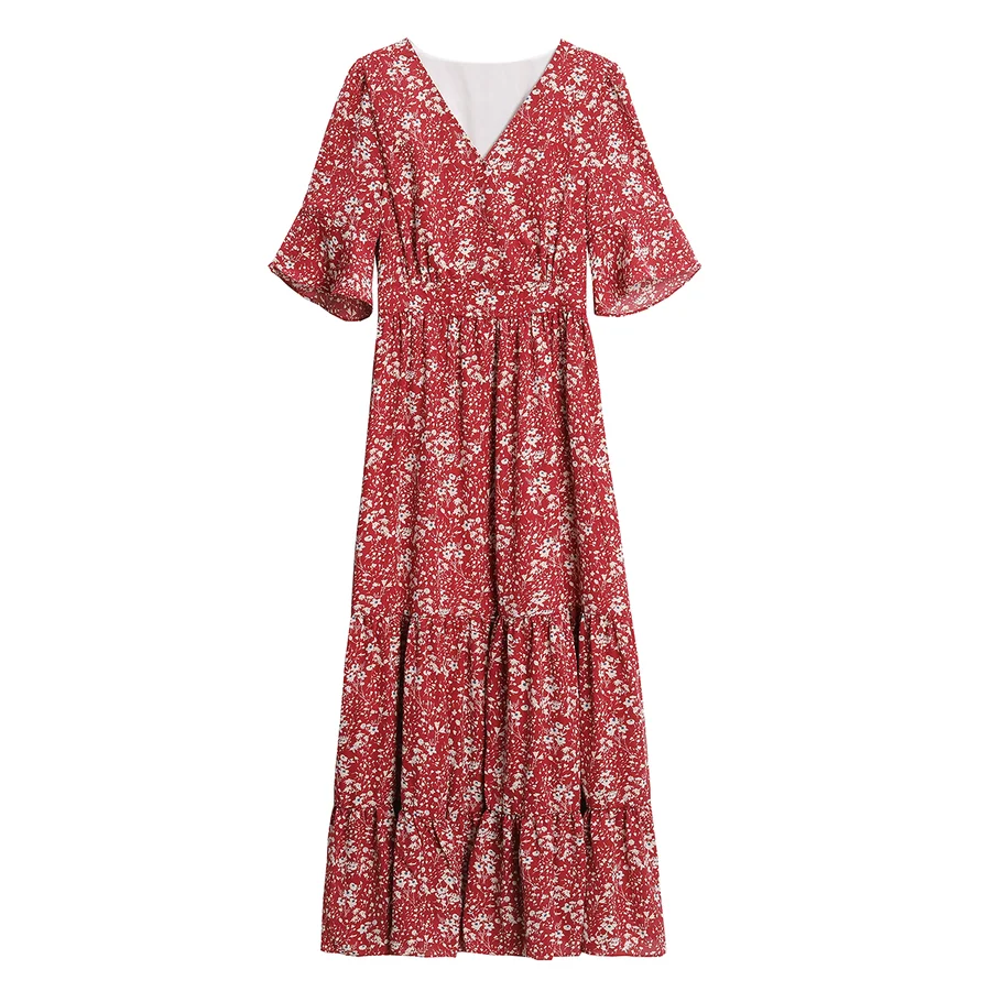 Vestido Midi rojo Floral para mujer, ropa informal de gasa para playa, primavera y verano, Vintage, elegante, ceñido al cuerpo, 2024