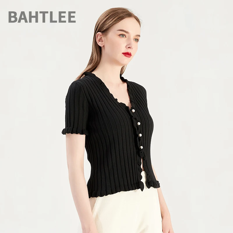 BAHTLEE-Women's Striped Knitted Cardigan, V-Neck Sweater, Short, Cardigan, Pearl Button, Short, High Elastic