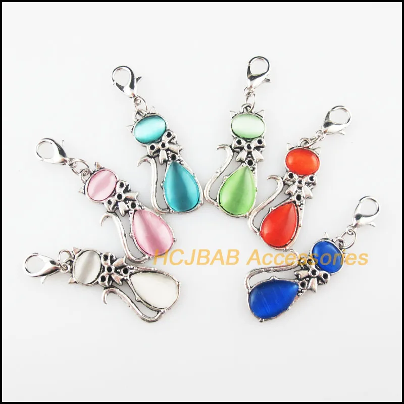 

6 New Cat Mixed Charms Stone Animal Pendants With Lobster Claw Clasps Tibetan Silver Plated 13x29mm