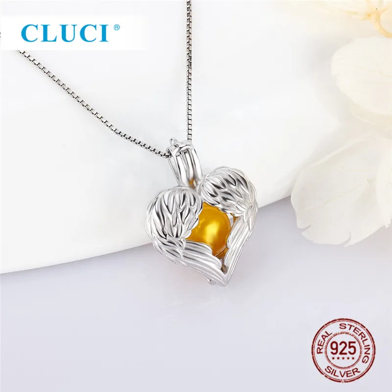 CLUCI 3pcs Silver 925 Angel Wings Heart Shaped Charm Pendant Women Jewelry 925 Sterling Silver Love Pearl Pendant Locket SC232SB