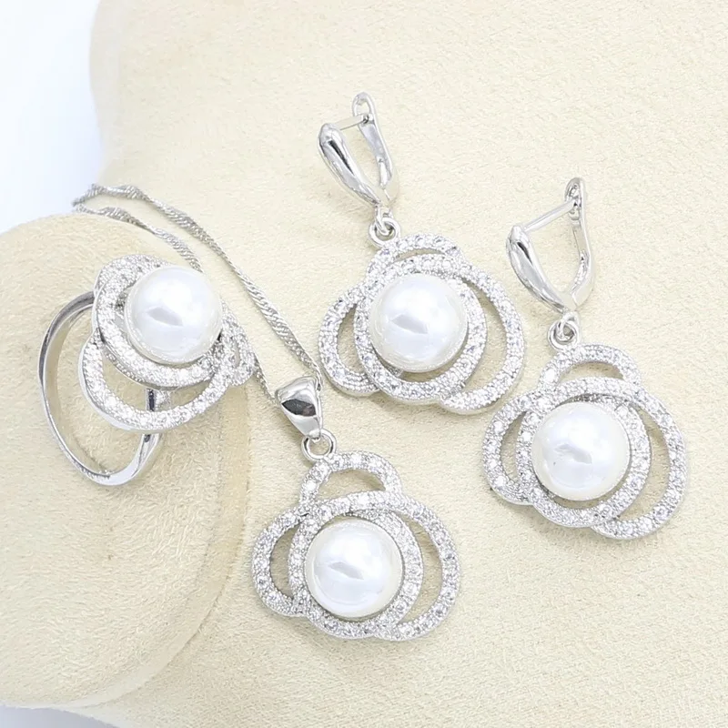 3 Colors Pearl 925 Silver Wedding Jewelry Set for Women White Gray Pink Earrings Necklace Pendant Ring Gift Box