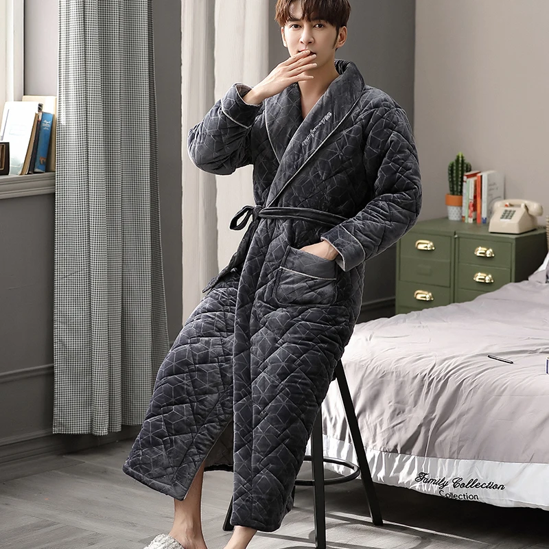 

Men Geometric Kimono Bathrobe Winter Flannel Quilted Long Robe Thick Warm Sleepwear Big Yards3XL Nightgown Male Casual Home Wear