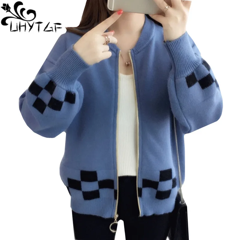 UHYTGF Spring Knit Sweaters Women Korean Loose Big Size Sweater Female Splice Zipper Short Tops Cardigan Autumn Sweater Coat 727