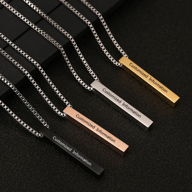 

Four Sides Engraving Personalized Square Bar Custom Name Necklace Stainless Steel Pendant Cuboid Necklace For Women Men Gift