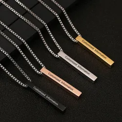 Four Sides Engraving Personalized Square Bar Custom Name Necklace Stainless Steel Pendant Cuboid Necklace For Women Men Gift