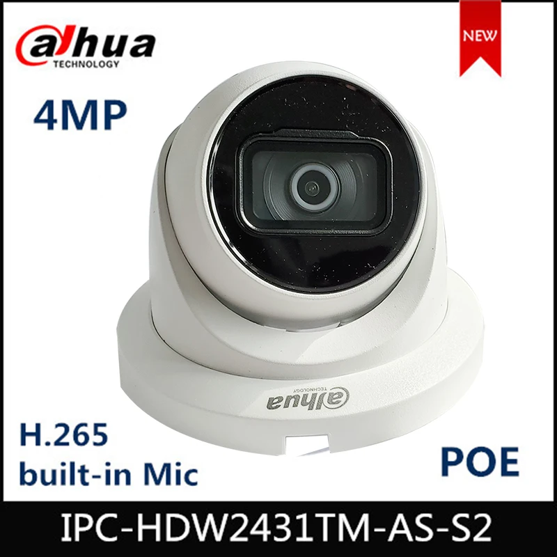 Dahua IP Camera Black,White Color Option IPC-HDW2431TM-AS-S2 4MP WDR IR Eyeball Network Camera Starlight Built-in Mic POE IVS