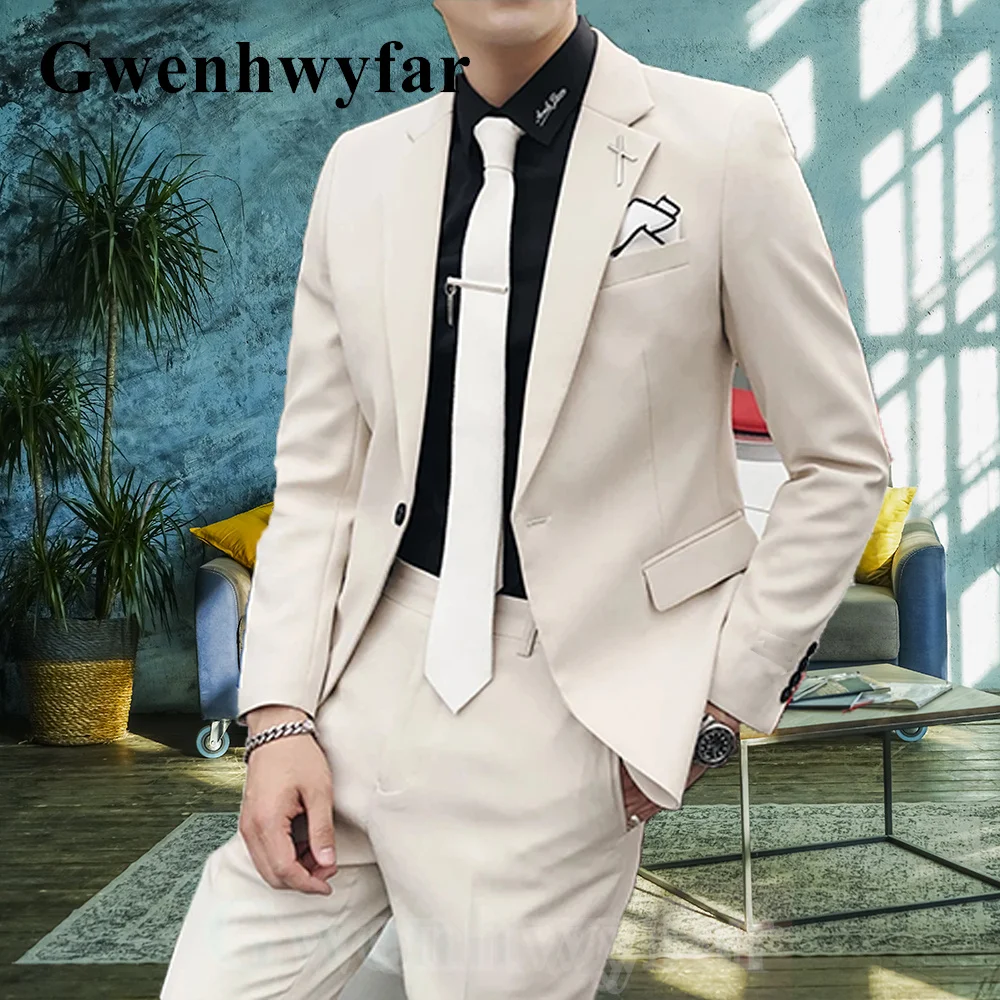 

Gwenhwyfar 2021 autumn new single-breasted men's wedding dress beige west slim 2-piece suit jacket with pants groom suit