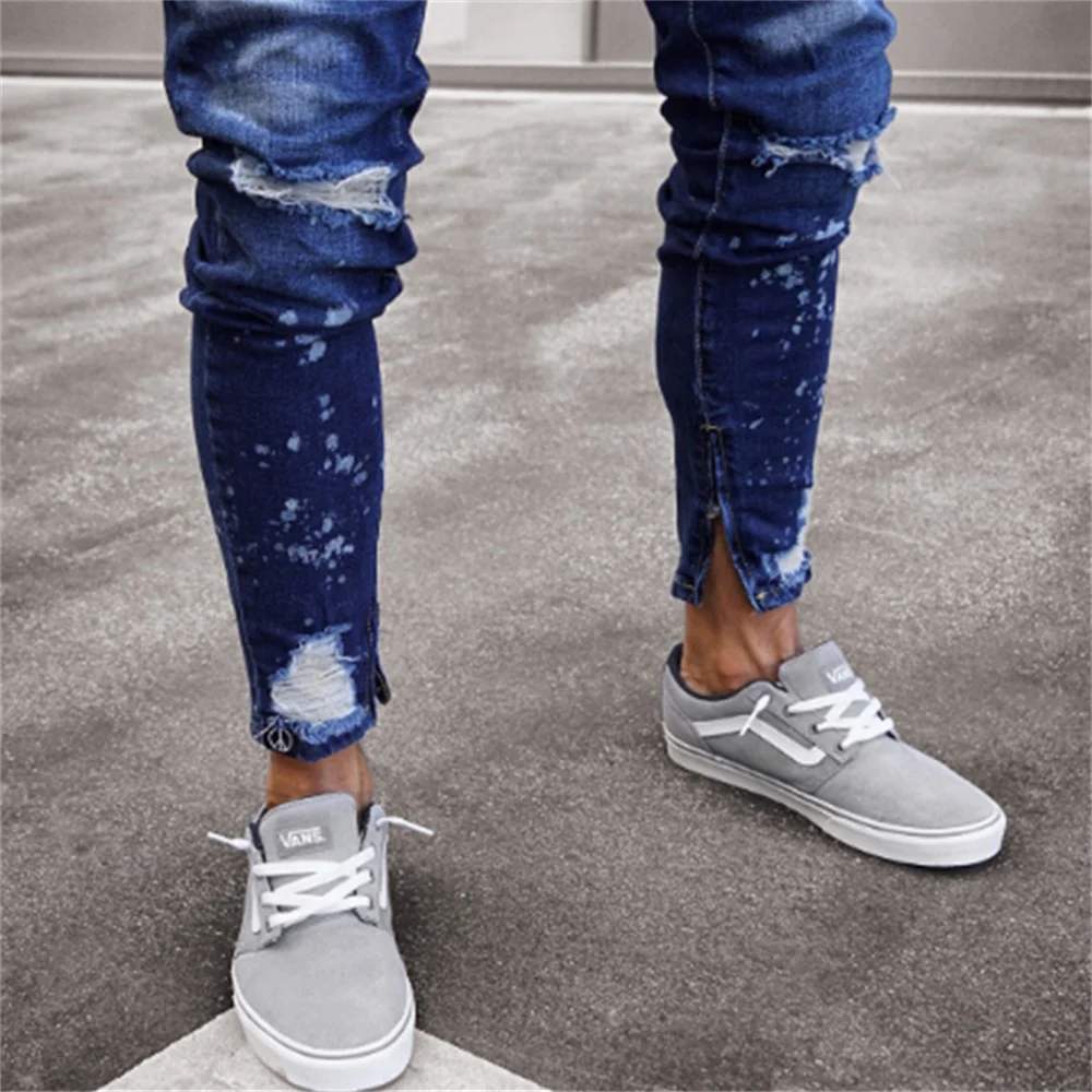 EH · MD® 100% Cotton Casual Sports Jeans Men Blue and White Dyeing Holes Scratching Skinny Trousers Zipper Opening Trend Cotton2
