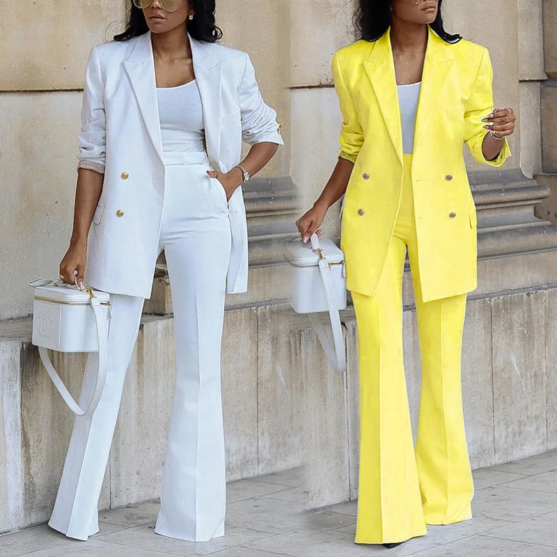 

Casual Women Blazer Suits Custom Made Double Breasted Peaked Lapel Loose Jacket Flare Pants Office Lady Formal