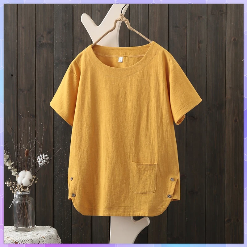 3XL Oversized Cotton T-shirt Summer Woman Short Sleeve T-shirts Plus Size Loose White Top Retro Ethnic Style Women's Tops