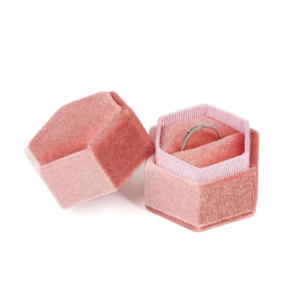 Caja de joyería de terciopelo con forma cuadrada hexagonal, doble almacenamiento de anillo, exhibición de anillo de boda para mujer, embalaje de pendientes de regalo