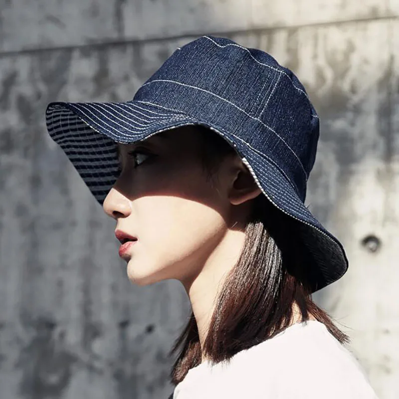 

BIG DEAL Denim Bucket Hats for Women Panama Hats Spring 2022 Fashion Two sides Striped Summer Sun Hats Caps Adjustable Foldable