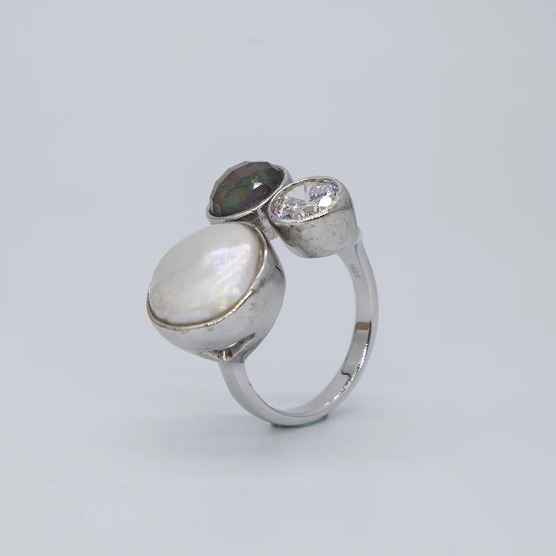 MIQIAO Silver Rings With Pearls On Fingers With Stone Geometric Circular Zircon Black Mother Of Pearl White Crystal Adjustable