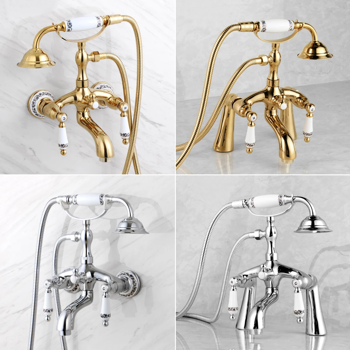 

Golden，Silver，Black Brass Bathroom Clawfoot Bathtub Shower Faucets Basin Sink Mixer Tap Tub Faucet & Hand Shower